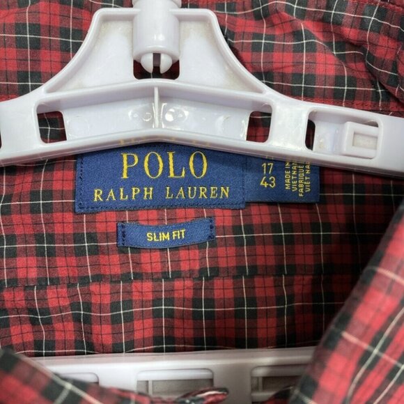 Polo Ralph Lauren Button Up Shirt Mens 17 / 43 Red Plaid Long Sleeve Slim Fit - Picture 6 of 10